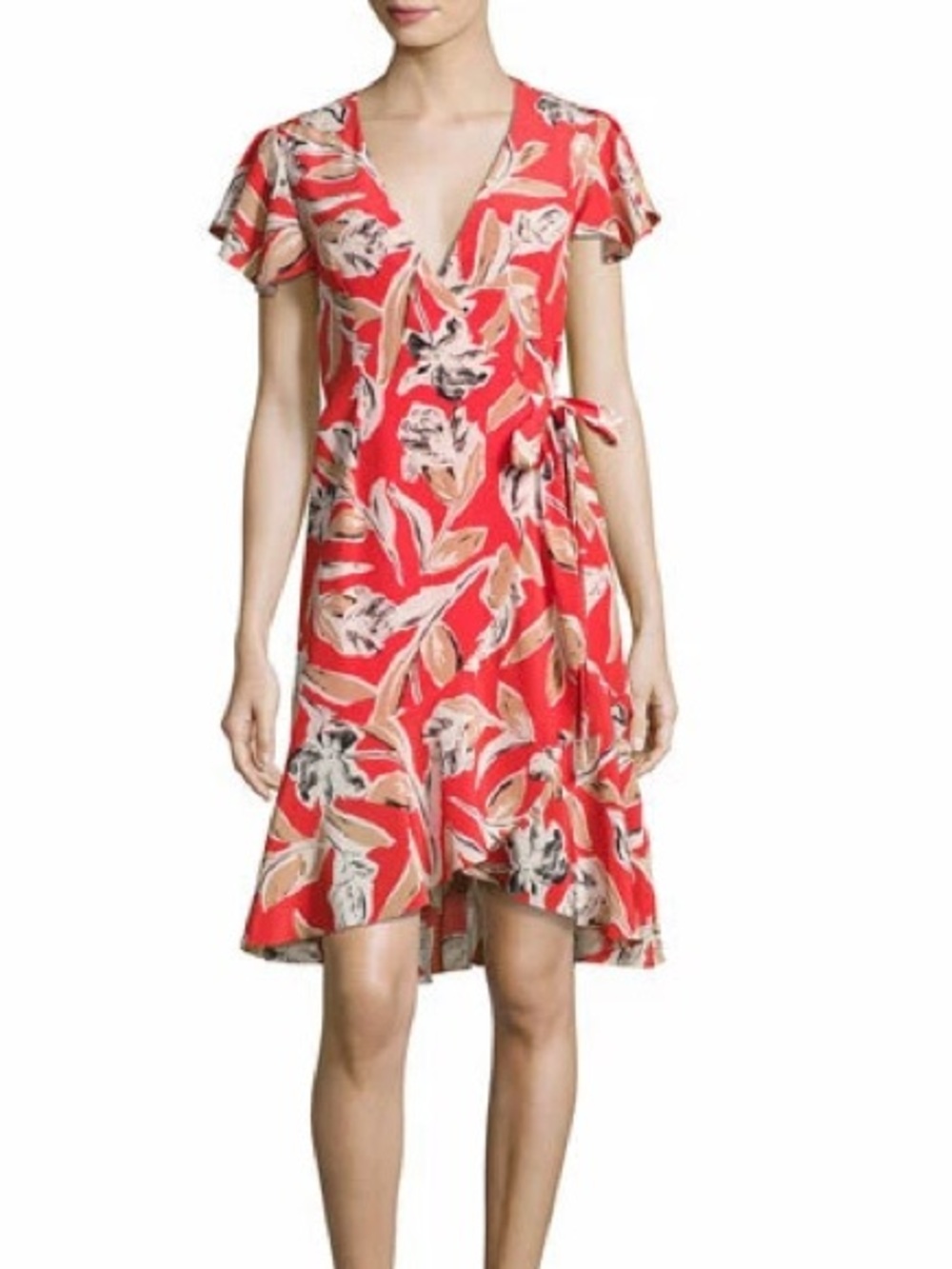 SACHIN & BABI Floral V-Neck Red SILK LINCOLN Wrap MINI Dress SIZE S